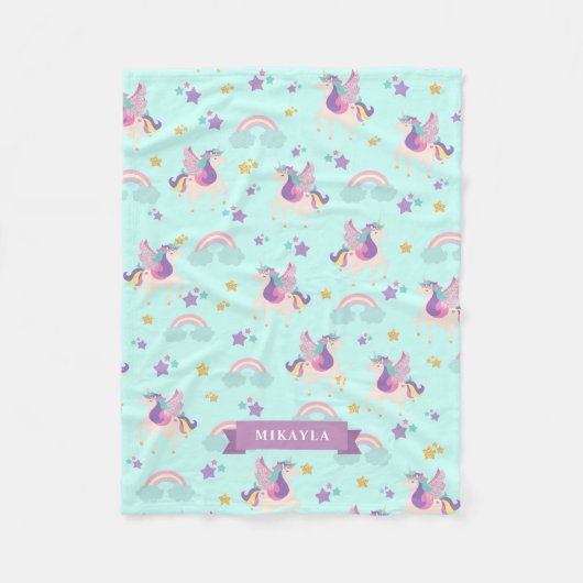 Aqua | Cute Rainbow Unicorn Pattern Fleece Blanket Deken (Voorkant)