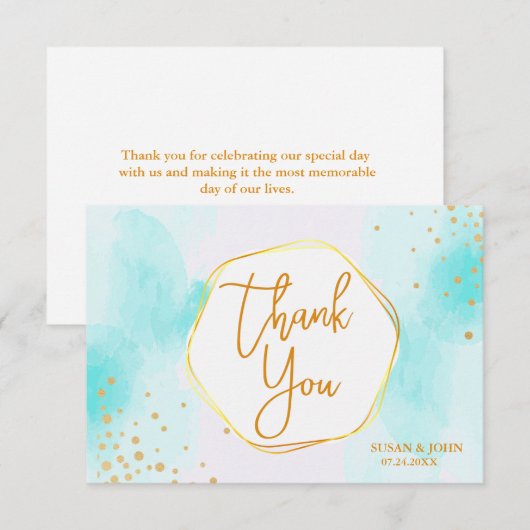 Aqua Cyan Blue Waterverf Gold Glitter Bedankkaart (Voorkant / Achterkant)