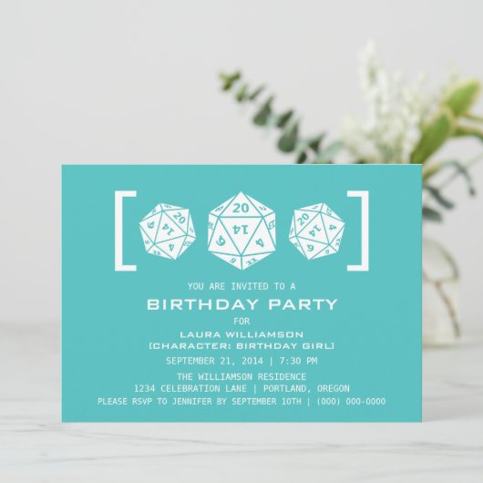Aqua D20 Dice Gamer Birthday Party Invite Kaart (Staand voorkant)
