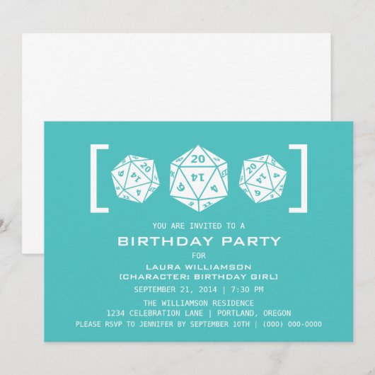 Aqua D20 Dice Gamer Birthday Party Invite Kaart (Voorkant / Achterkant)