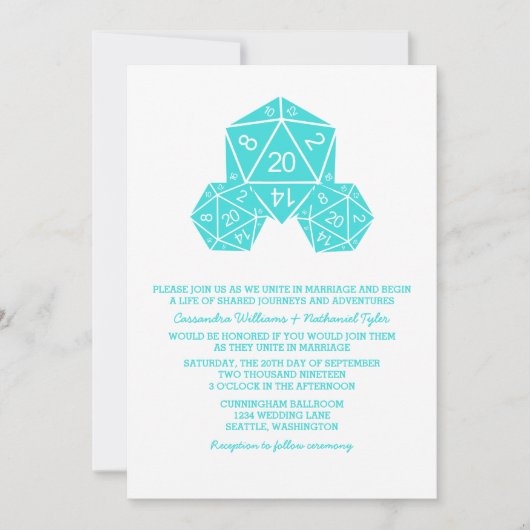 Aqua D20 Dice Wedding Invite Kaart (Voorkant)