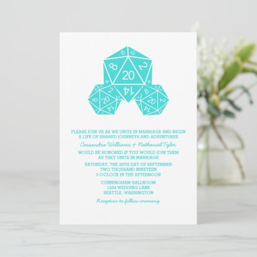 Aqua D20 Dice Wedding Invite Kaart (Staand voorkant)