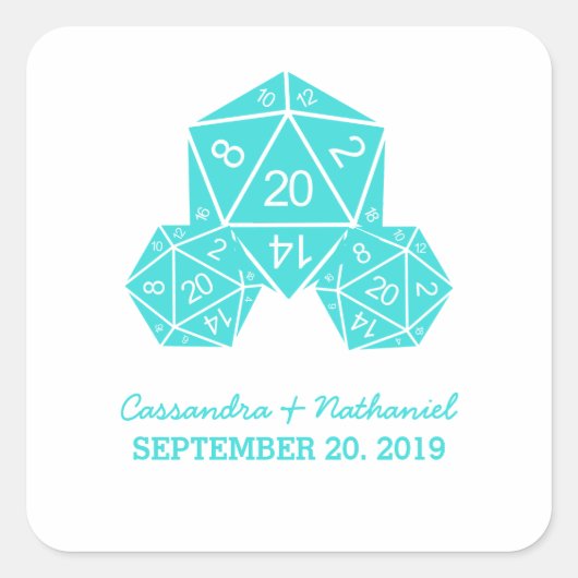Aqua D20 Dice Wedding Stickers (Voorkant)