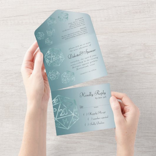 Aqua D20 | Elegant Blue Green RPG Dice Wedding All In One Uitnodiging (Afscheurbaar)