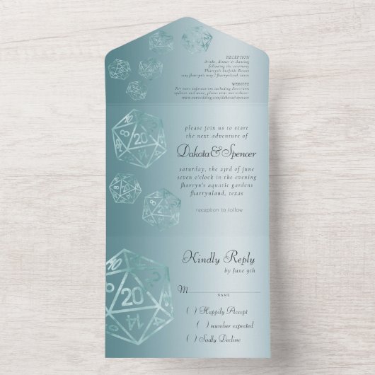 Aqua D20 | Elegant Blue Green RPG Dice Wedding All In One Uitnodiging (Binnen)