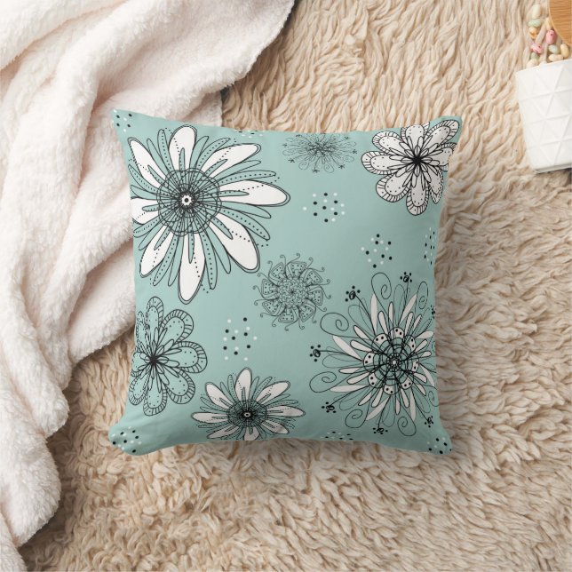 Aqua Daisy Bloemen Pen en Inkt Print Kussen (Deken)