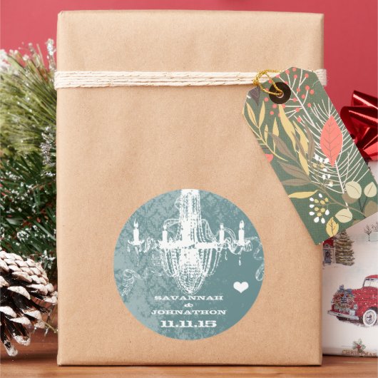 Aqua  Damask Chandelier Ronde Sticker (Feestdagen)