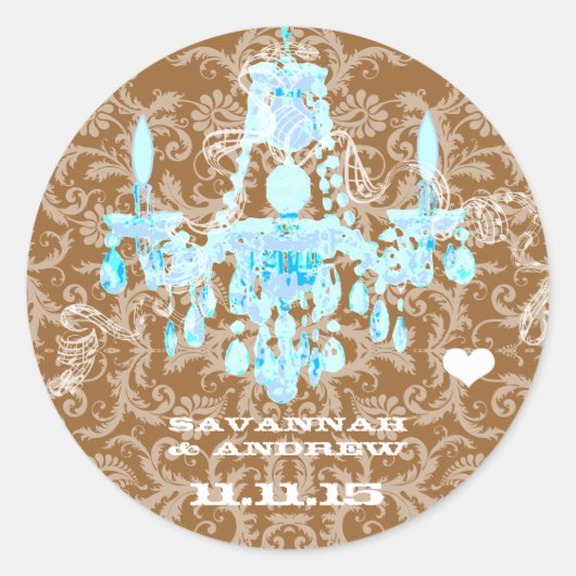 Aqua Damask Chandelier Ronde Sticker (Voorkant)