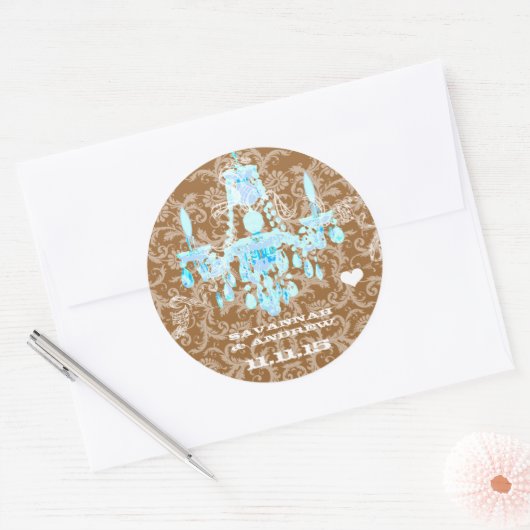 Aqua  Damask Chandelier Ronde Sticker (Envelop)