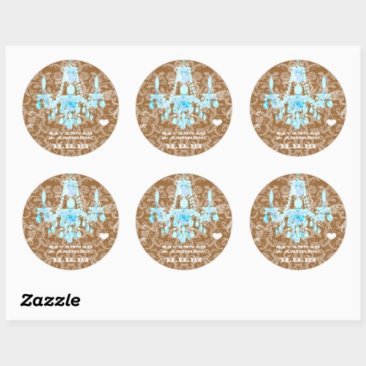 Aqua Damask Chandelier Ronde Sticker (Vel)
