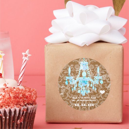 Aqua Damask Chandelier Ronde Sticker (Feest)