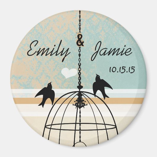 Aqua Damask & Coral Bird Cage Wedding Magneet (Voorkant)