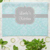 Aqua Damask Gray Personalized Kitchen Towel Theedoek (Gevouwen)