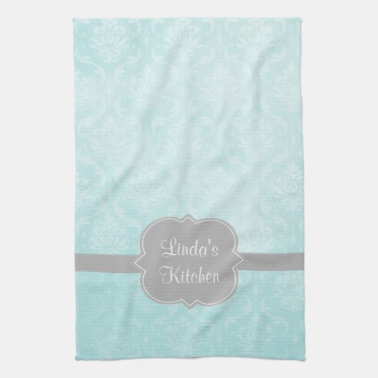 Aqua Damask Gray Personalized Kitchen Towel Theedoek (Verticaal)