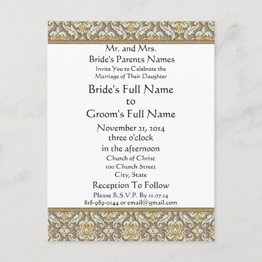 Aqua Damask Grey bruiloft uitnodiging Briefkaart (Voorkant)