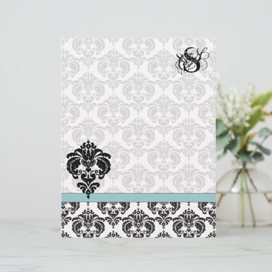 Aqua Damask Monogram Letterhead (Staand voorkant)