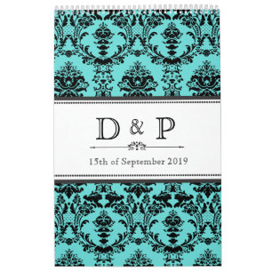 Aqua Damask Monogram Weddenschap Foto Guestbook Kalender