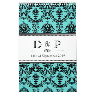 Aqua Damask Monogram Weddenschap Foto Guestbook Kalender