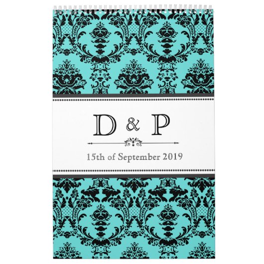 Aqua Damask Monogram Weddenschap Foto Guestbook Kalender (Hoes)
