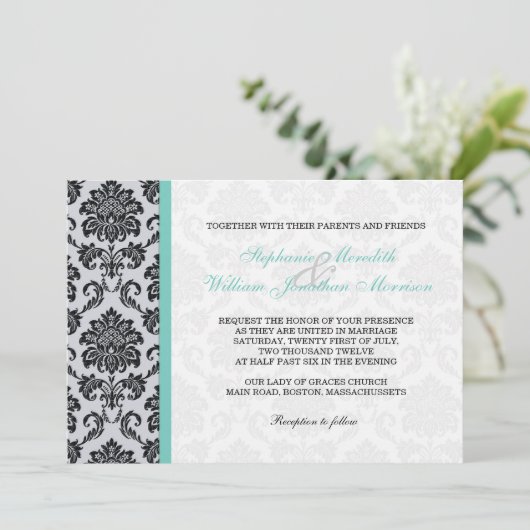 Aqua Damask Monogram Weddenschap Kaart (Staand voorkant)