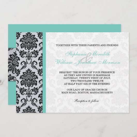 Aqua Damask Monogram Weddenschap Kaart (Voorkant / Achterkant)