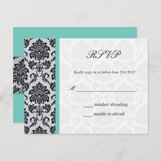 Aqua Damask Monogram Wedding RSVP (Voorkant / Achterkant)