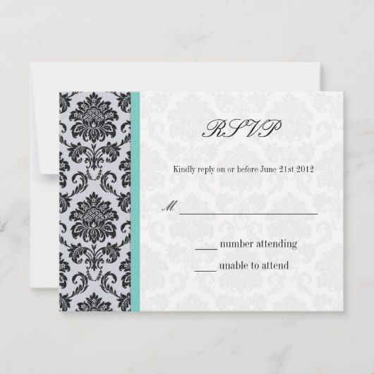 Aqua Damask Monogram Wedding RSVP Kaartje (Voorkant)