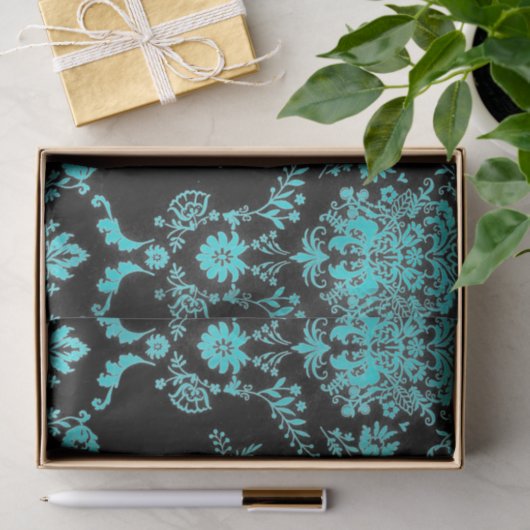 Aqua Damask op zwart ontwerp Tissuepapier (Geschenk)
