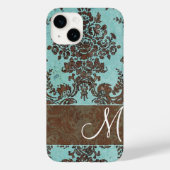  Aqua Damask Patroon met Monogram Case-Mate iPhone Case (Achterkant)