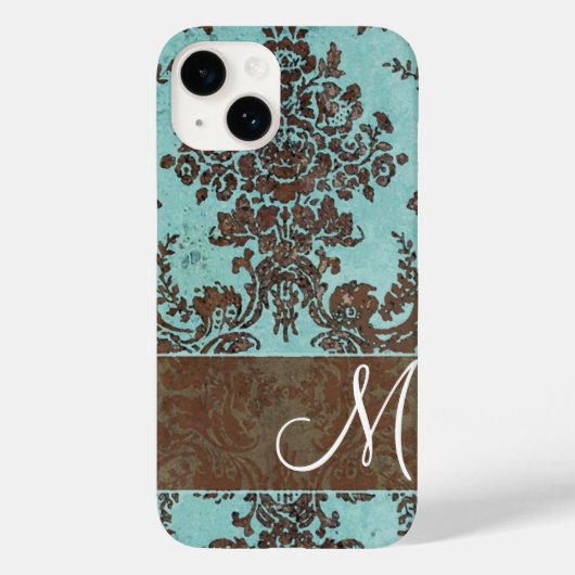  Aqua Damask Patroon met Monogram Case-Mate iPhone Case (Achterkant)