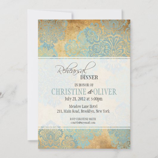 Aqua Damask Rehearsal Dinner Invitation Kaart (Voorkant)