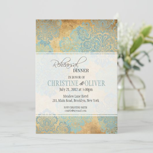  Aqua Damask Rehearsal Dinner Invitation Kaart (Staand voorkant)