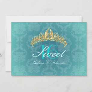 Aqua Damask Sweet 16/ tiara/ turquoise uitnodiging