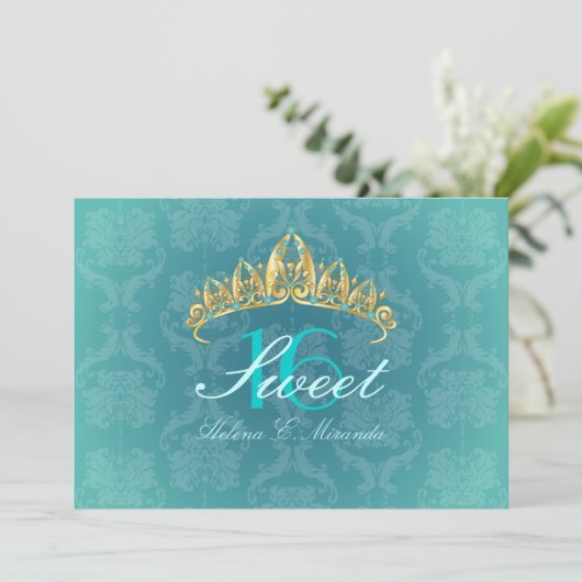 Aqua Damask Sweet 16/ tiara/turquoise uitnodiginge Kaart (Staand voorkant)