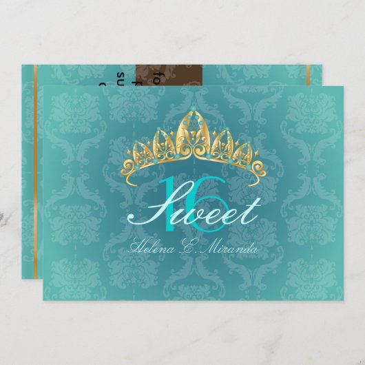 Aqua Damask Sweet 16/ tiara/turquoise uitnodiginge Kaart (Voorkant / Achterkant)