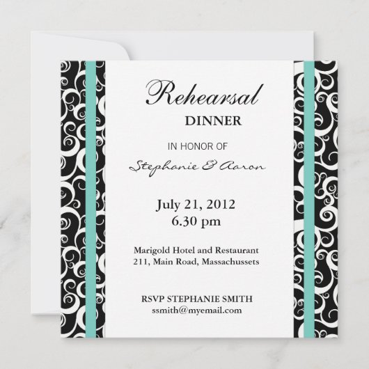 Aqua Damask Swirl Rehearsal Dinner Invitation Kaart (Voorkant)