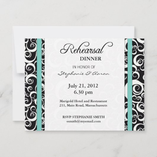 Aqua Damask Swirl Rehearsal Dinner Invitation Kaart (Voorkant)
