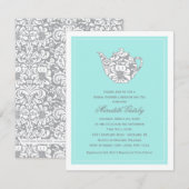 Aqua Damask Theepot Thee Party Bruiloft Borrel Kaart (Voorkant / Achterkant)