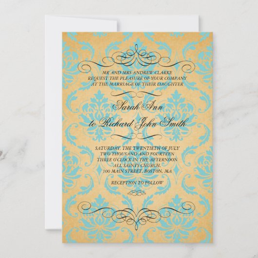 Aqua Damask Vlourish Wedding Invitation Kaart (Voorkant)