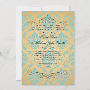  Aqua Damask Vlourish Wedding Invitation Kaart