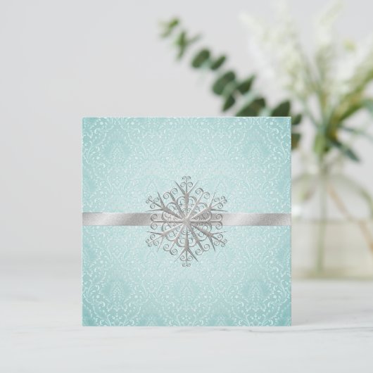 Aqua Damask Wedding Rehearsal Dinner Uitnodiging (Staand voorkant)