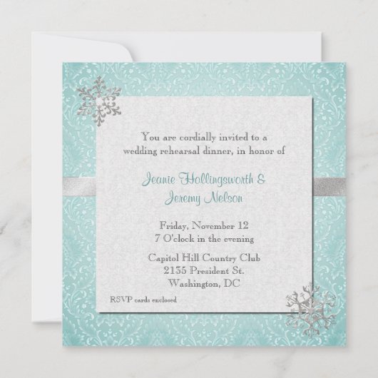 Aqua Damask Wedding Rehearsal Dinner Uitnodiging (Achterkant)