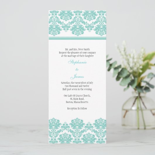 Aqua Damask Wedding Uitnodiging (Staand voorkant)