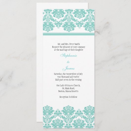 Aqua Damask Wedding Uitnodiging (Voorkant / Achterkant)