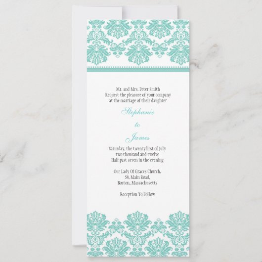 Aqua Damask Wedding Uitnodiging (Voorkant)