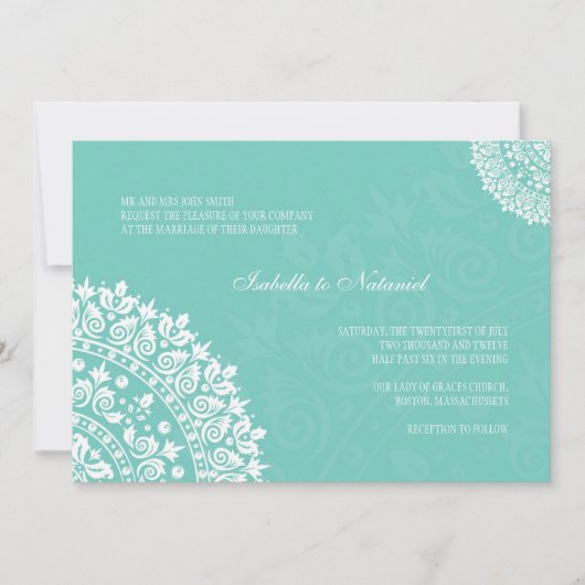 Aqua Damask Wedding Uitnodiging (Voorkant)