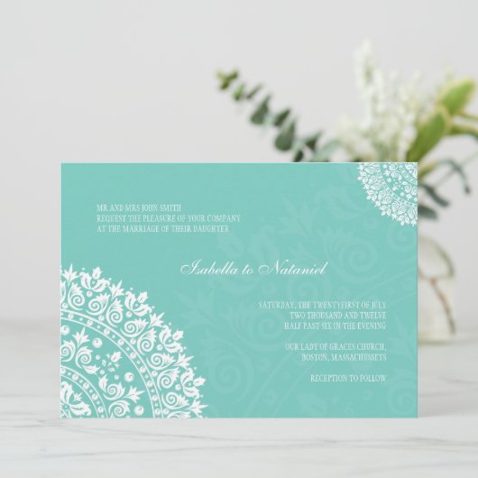 Aqua Damask Wedding Uitnodiging (Staand voorkant)