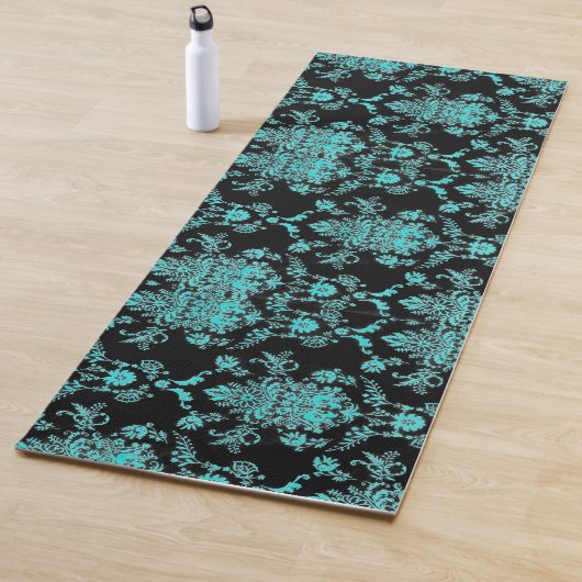 Aqua Damast op Zwarte Chic Design Yogamat (In situ)