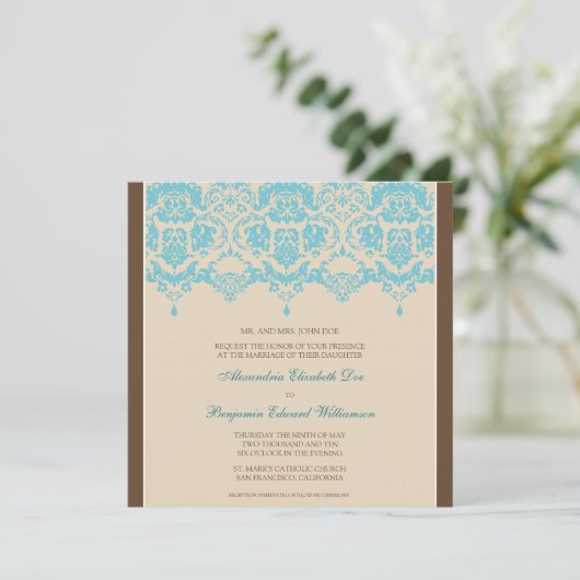 Aqua Darling Damask Lace Square Wedding Invitation Kaart (Staand voorkant)