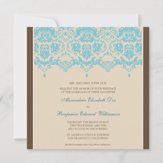 Aqua Darling Damask Lace Square Wedding Invitation Kaart (Voorkant)